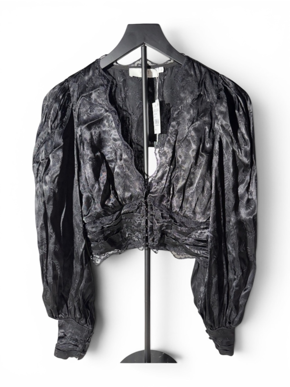 ASTR The Label Black Satin Jacquard Hook & Eye Crop Top NWT Size S